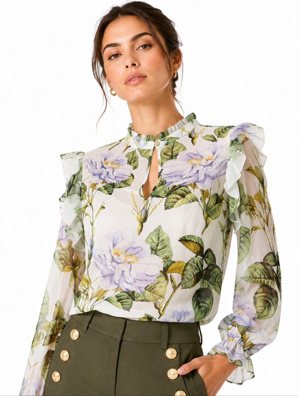 NWT WHBM Romantic Chiffon Blouse M Forever Floral Ecru Ruffle Top